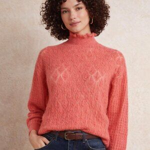 Anthropologie Coral Salmon Knit Wool Mohair Mock Neck Delicate Knit Sweater M